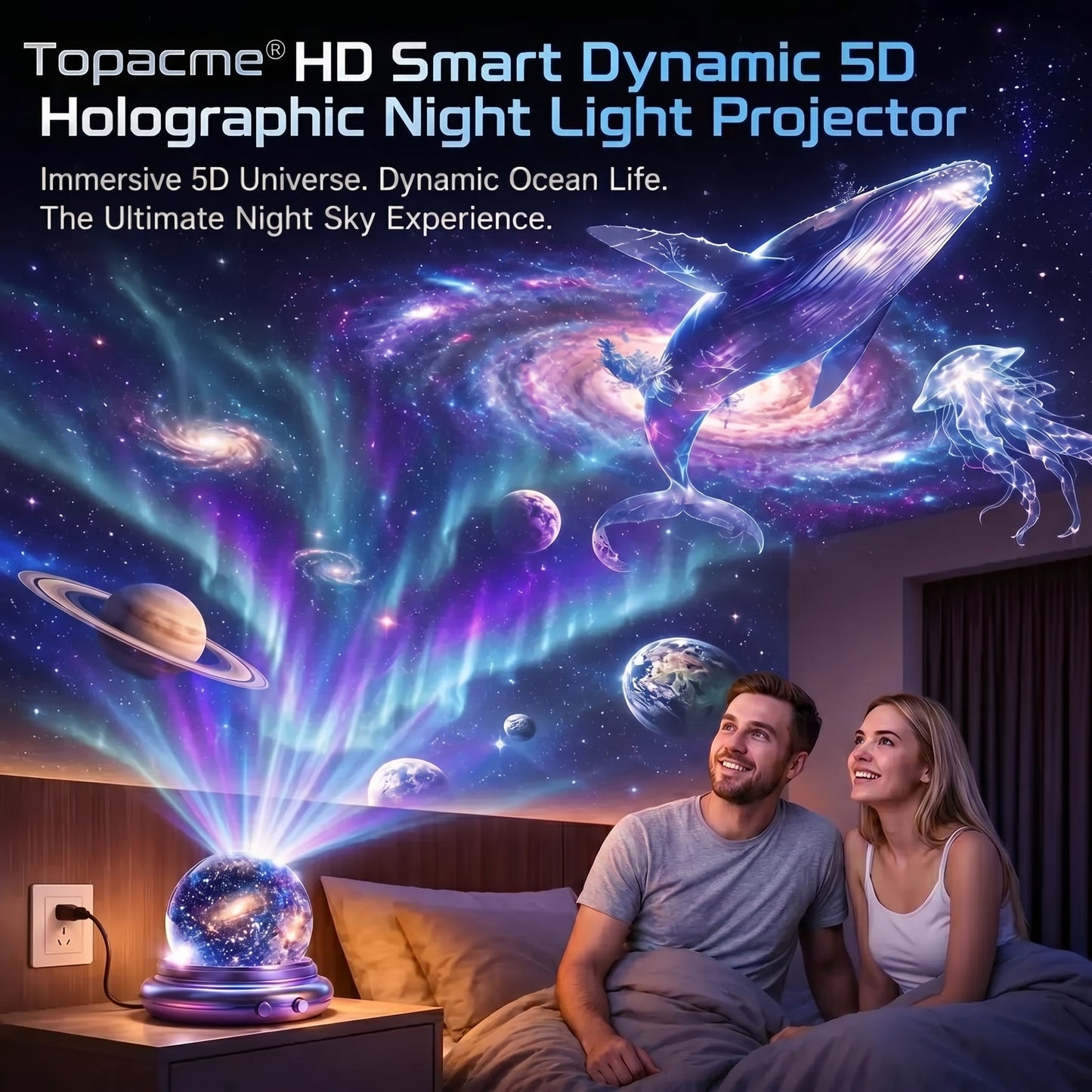 Topacme® Galaxy Night Light Projector – 360° Starry Sky & Ocean Wave Ambient Light for Bedroom Relaxation