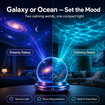 Topacme® Galaxy Night Light Projector – 360° Starry Sky & Ocean Wave Ambient Light for Bedroom Relaxation
